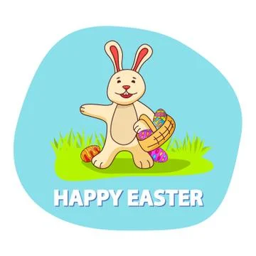 The rabbit holds in hand a basket with Easter eggs. The poster is festive spr Stock Illustration