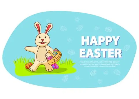 The rabbit holds in hand a basket with Easter eggs. The poster is festive spr Stock Illustration