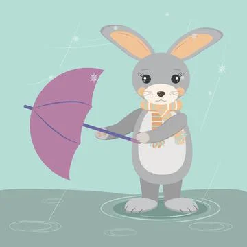 Rabbit holds an umbrella wind cold damp Stock Illustration