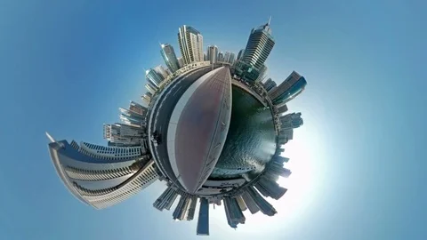 Rabbit Hole Planet, Futuristic view of the center of Dubai Stock Footage 73589990