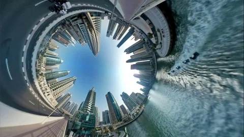 Rabbit Hole Planet, Futuristic view of the center of Dubai Stock Footage 73589992
