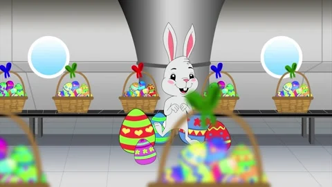 Rabbit hops around colored eggs in an Easter basket factory Stock Footage 268761470