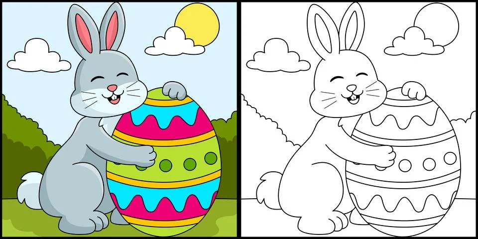 Rabbit Hugging Easter Egg Coloring Illustration Stock Illustration