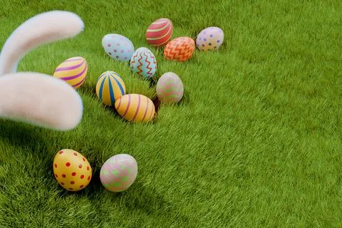 A rabbit hunts for Easter eggs in a meadow in the grass Stock Illustration