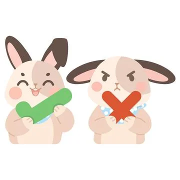 Rabbit Illustration with Check and Cross Symbols Illustrazione stock