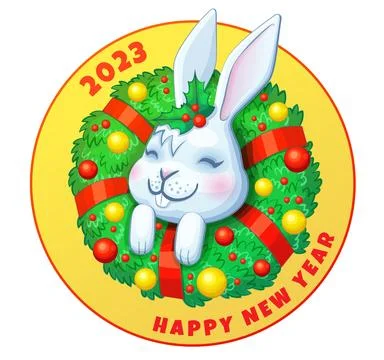 Rabbit inside advent wreath cartoon illustration. 2023 new year cute bunny with Illustrazione stock