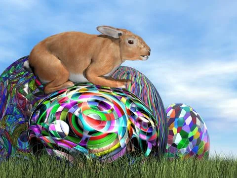 Rabbit on its colorful egg for Easter - 3D render Stock Illustration
