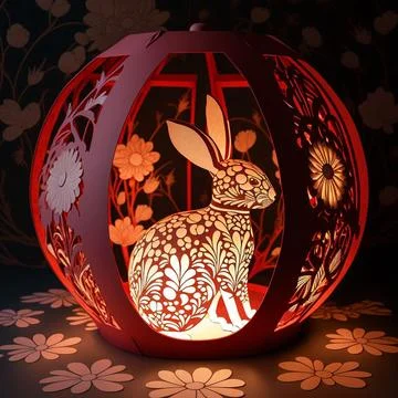 Rabbit in the lantern in the dark background Stock Illustration