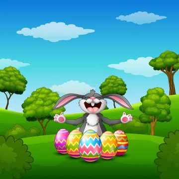 Rabbit laughing with five decorated easter eggs in the park Stock Illustration