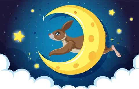 Rabbit Leaping Over Crescent Moon Stock Illustration