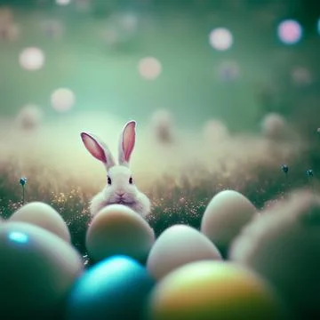 A rabbit is looking at an array of easter eggs in a field 库存照片