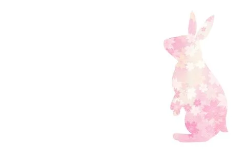 Rabbit looking up (standing), cherry blossom and Japanese pattern silhouette. イラスト素材