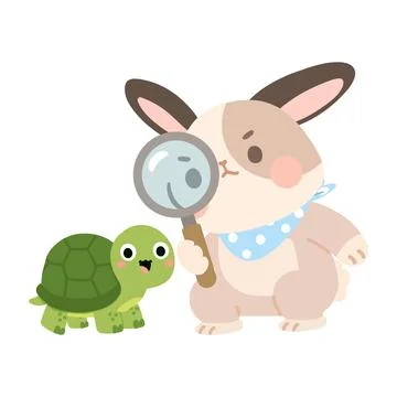 Rabbit looking at turtle with magnifying glass Illustrazione stock