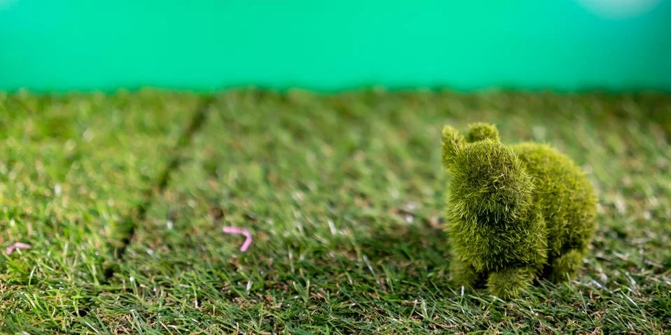Rabbit made of grass while sitting on a grass and green background for happy  Stock Photos