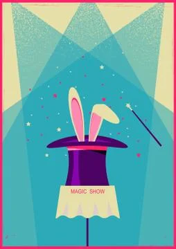 Rabbit in magical hat.Vector old poster of magic show Stock Illustration