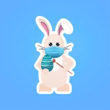 Rabbit in mask drawing on egg happy easter bunny sticker spring holiday Stock Illustration