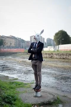 Rabbit mask man in a desolate landscape Stock Photos