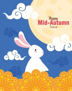 Rabbit with mooncakes and clouds of happy mid autumn festival vector design Stock Illustration