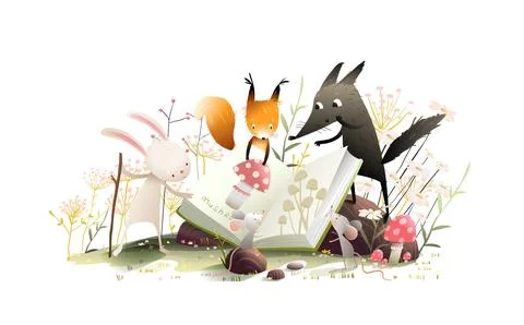 Rabbit Mouse Squirrel Wolf Read Book in Forest Stock Illustration