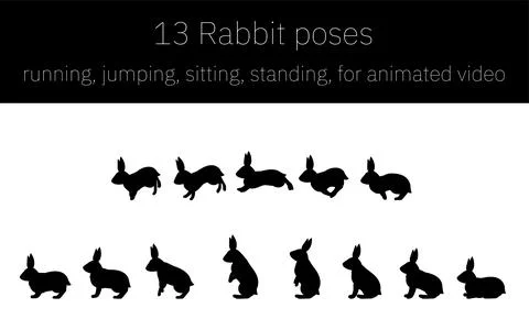 Rabbit movements for animation, running and jumping and standing up, silhouettes Stock Illustration