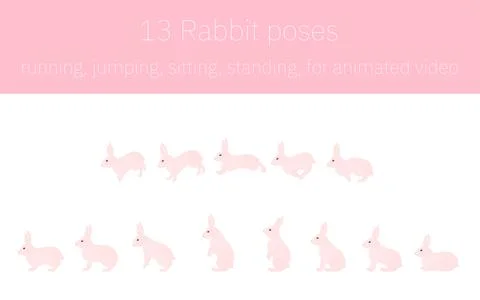 Rabbit movements for animation, running and jumping and standing up Stock Illustration