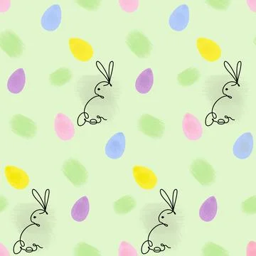 Rabbit in one continuous line and colorful watercolor Easter eggs on a bright Stock Illustration