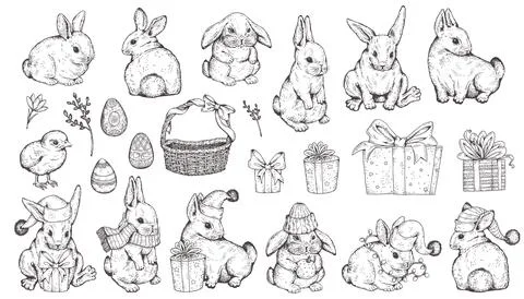 Rabbit or hare big set hand drawn gravure or sketch style vector isolated. Stock Illustration