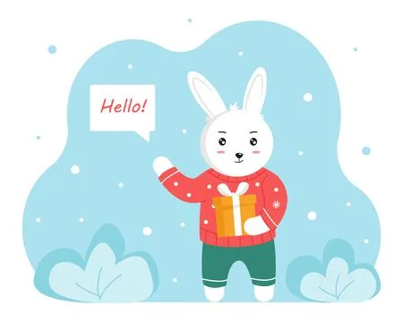 Rabbit or hare in a warm red sweater is holding a gift Stock Illustration