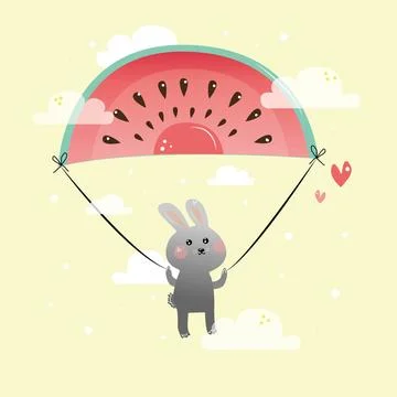 Rabbit with a parachute in the form of a watermelon 스톡 일러스트