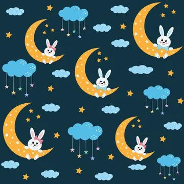 Rabbit pattern on the Moon among the clouds, color vector イラスト素材