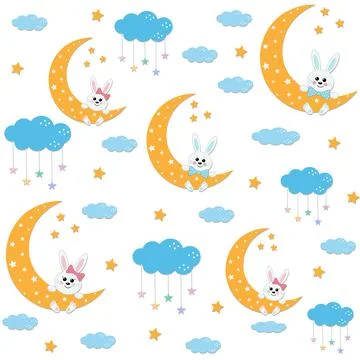 Rabbit pattern on the Moon illustration, textile, print Stock Illustration