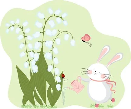 A rabbit with a pink bow and boots waters a flowerbed with a watering can Stock Illustration