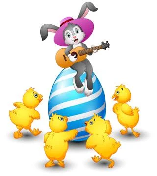 Rabbit playing guitar on a large egg is decorated and surrounded by chicks Stock Illustration