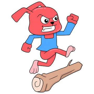 The rabbit is practicing running on a log, doodle icon image kawaii Stock Illustration