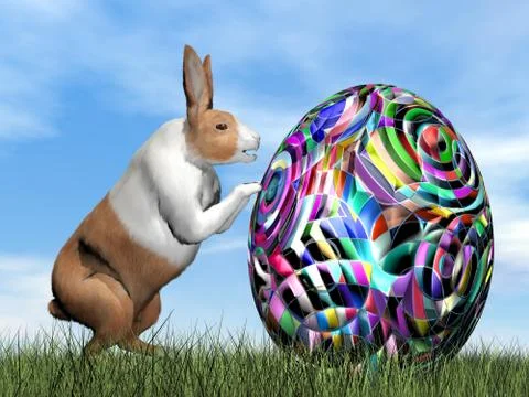 Rabbit pushing one colorful egg for Easter - 3D render Stock Illustration