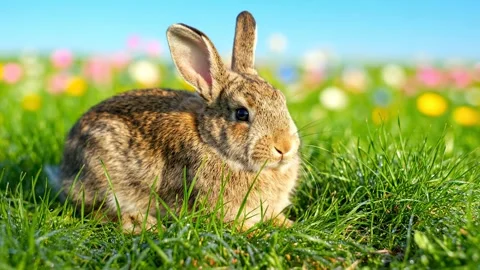A rabbit is resting on the green grass in a spring meadow Stock Footage 330124880