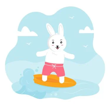 Rabbit rides a surfboard. Summer character. Cute white bunny Stock Illustration