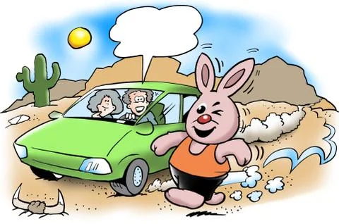 The rabbit runs much stronger than the electric car Stock Illustration