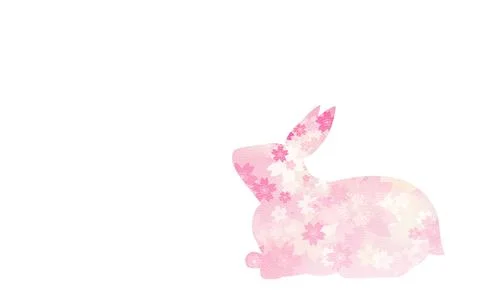Rabbit (seated) looking up, cherry blossom and Japanese pattern silhouette. Stock Illustration