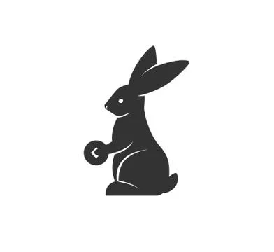 Rabbit silhouette holding coin vector illustration. Black and white bunny logo Stock Illustration