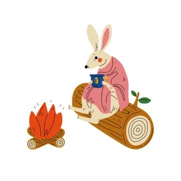 Rabbit Sitting by Bonfire with Cup of Tea, Animal Character Having Hiking Illustrazione stock
