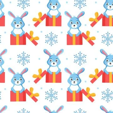 Rabbit sitting in a gift box and snowflakes around. Seamless pattern 스톡 일러스트