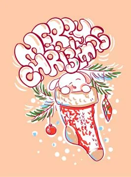 Rabbit sleep socks christmas tree christmas card doodle style Stock Illustration