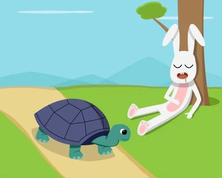 Rabbit sleep under tree while tortoise run on road Stock Illustration
