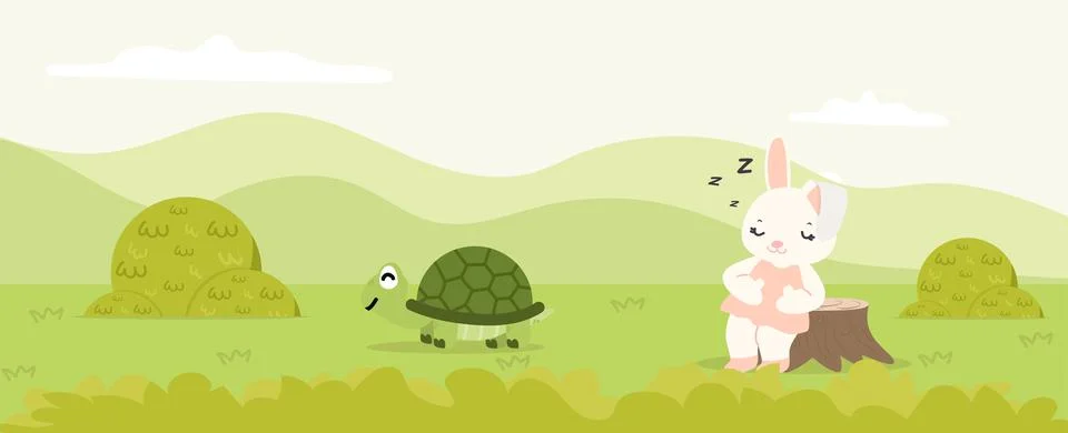 Rabbit is Sleeping Under the Tree withTurtle is Running to Finish Stock Illustration