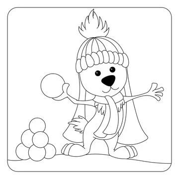 Rabbit with snow balls coloring page. Isolated on white background. Stock Illustration