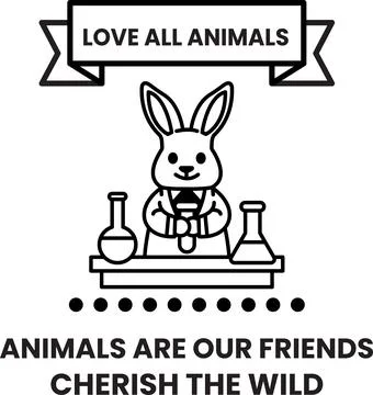 A rabbit is standing in front of a table with beakers and test tubes Stock Illustration