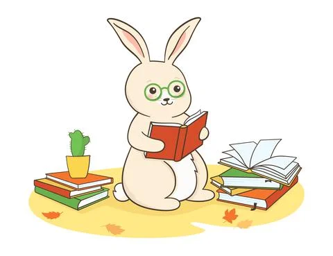 Rabbit studying reading book postcard bunny learn educational hare concept hello Illustrazione stock