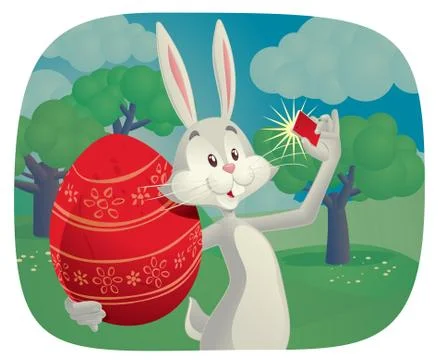Rabbit Takes Selfie with Easter Egg Vector Cartoon Stock Illustration