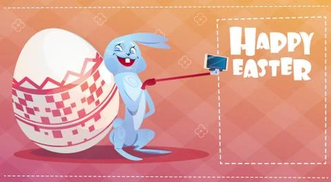 Rabbit Taking Selfie Photo Easter Holiday Bunny Decorated Eggs Greeting Card Illustrazione stock